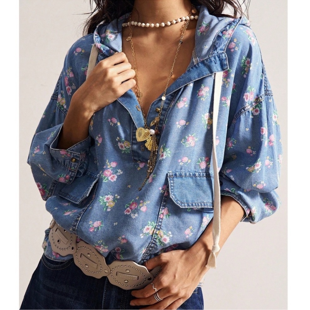 Medium Wash V Neck Floral Print Oversized Denim Jean Hoodie Shirt XS S M L XL